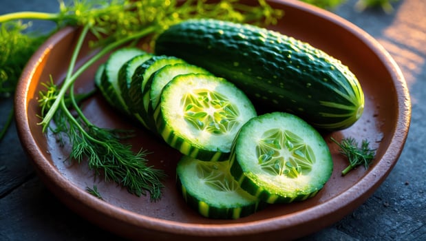 Preparing Fresh Green Cucumber Slices on Plate with Dill Sprigs photo