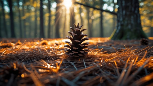 Pine Cone Resting Among Needles with Forest Sunlight Shining Through photo