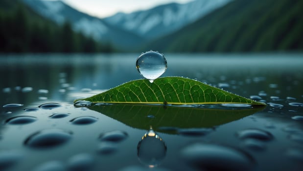 Water Drop on Leaf Floating Serene Lake Reflecting Mountain Scene photo
