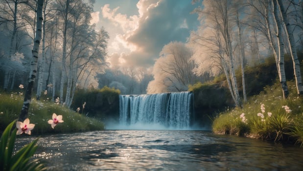 Waterfall Flowing Through Forest River with White Birch Trees Scenery photo