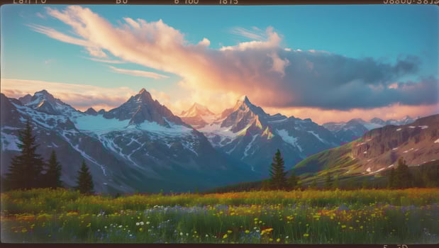 Scenic Mountain Range with Flower Meadow and Sunset Sky View photo