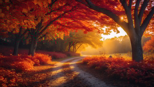 Walking Path Through Autumn Forest with Red and Yellow Leaves photo