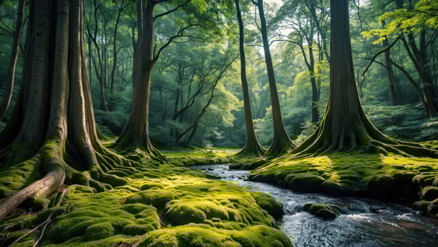 Peaceful Forest Stream Flowing Through Mossy Green Woodland Scenery photo