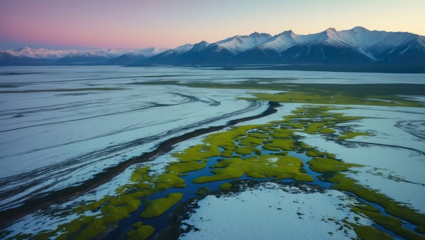 Snowy Mountain Landscape with Winding River and Vibrant Green Grass photo