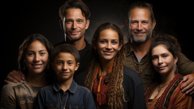 Portrait of a happy family over dark background. Multi ethnic group. photo