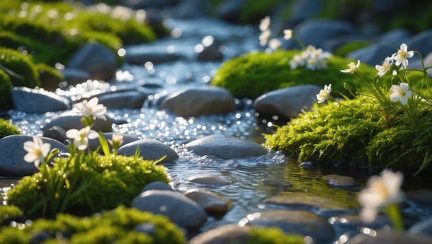 Flowing Stream with Mossy Rocks and White Flowers Creates Serenity photo