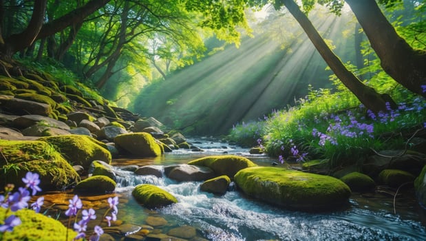 Flowing Stream Through Green Forest with Sunlight Streaming Through Trees photo