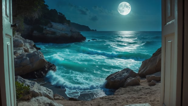 Ocean Waves Crashing on Rocky Shore Under Moonlight Seen Through Door photo