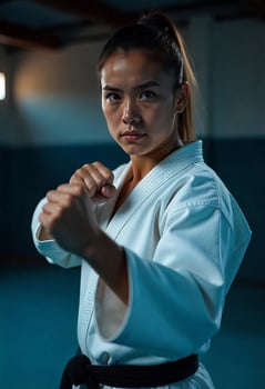 An asian woman, 25 years old with fair skin and blonde hair in a ponytail, wearing a karate suit in fighting stance in a gym photo