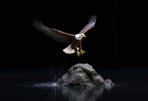 American Bald Eagle Flying Over Water With Reflection And Rock Formation photo
