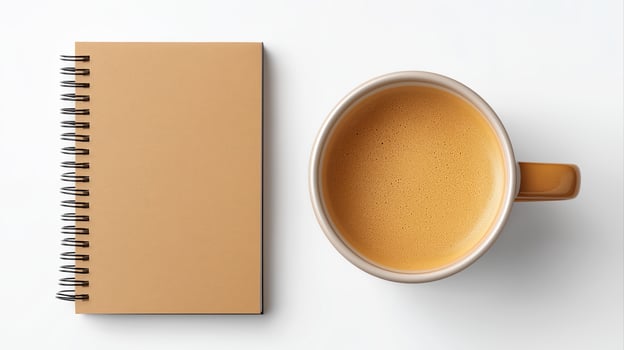 Cozy Morning Setting with Blank Notebook and Warm Coffee Cup on Minimalist White Background photo