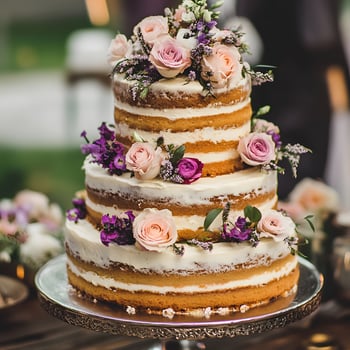 Layered Desserts. Floral Cakes.Colorful Desserts with Bright Accents. Wedding cake with flowers. Three-layered cake decorated with flowers. Wedding cake. photo