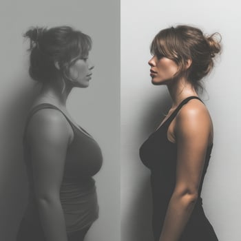 side by side comparison of woman before and after fitness transformation, showcasing improved health and body changes photo