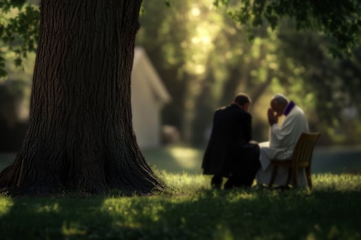 a Priest listening to man talking about problems in outdoor tree trunk. photo