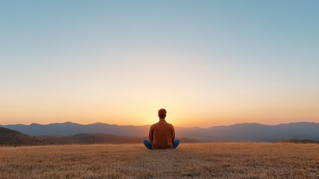 A person sitting in the middle of a field at sunset photo