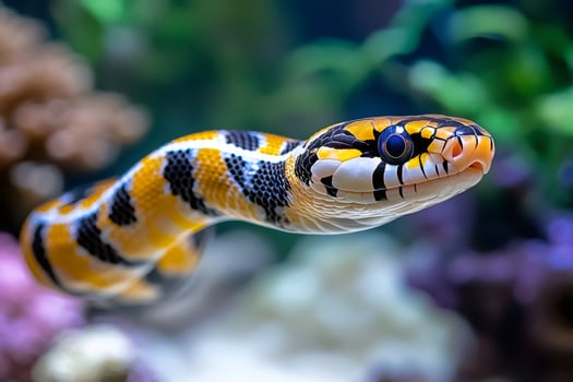 Colorful mangrove snake crawling in a vivarium photo