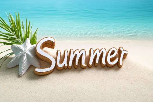 Summer vacation concept with starfish and tropical leaf on sandy beach photo