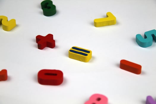 Plus, equal, minus - mathematical signs surrounded by numbers. Concept of teaching simple mathematics to children photo