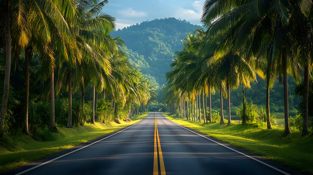 Breathtaking car journey along a palm-lined tropical paradise. photo