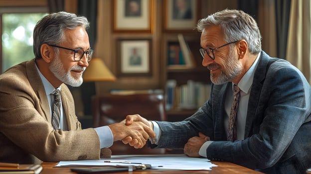 Senior man shaking hands with a consultant after signing an important financial agreement illustration photo