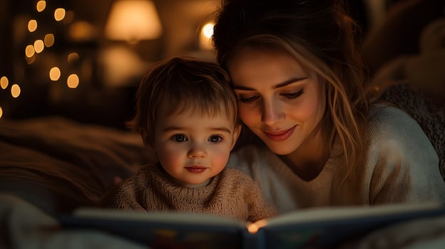 A cozy bedtime moment where parents read a storybook to their children photo