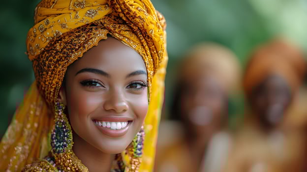 A multicultural wedding celebration with guests wearing traditional attire photo