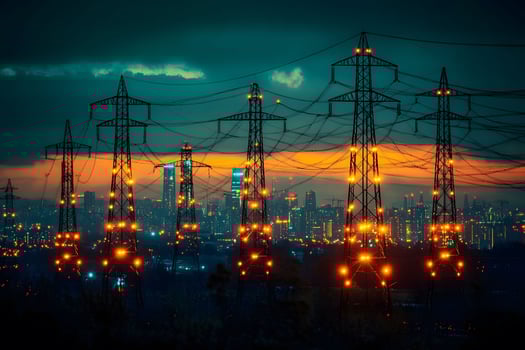 Urban Power Infrastructure at Dusk Electric Cityscape for Energy Themes and Print Design photo