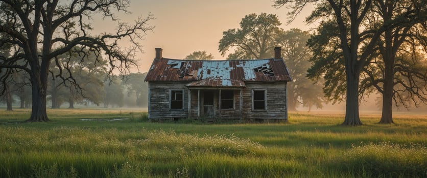 Abandoned wooden house in countryside near trees and field. photo