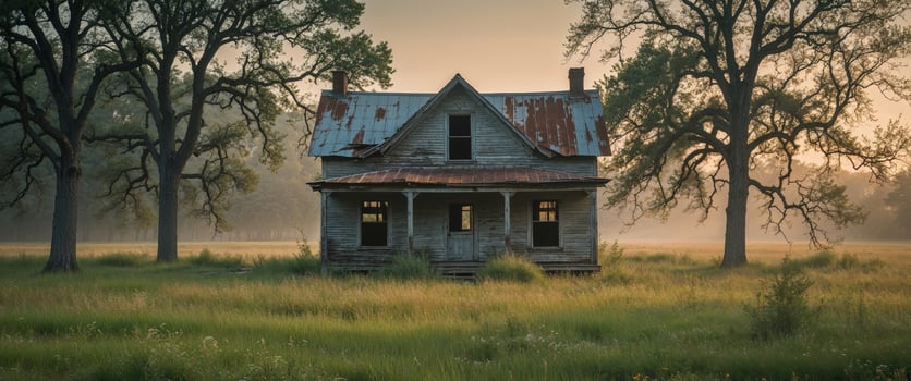 Abandoned wooden house in countryside near trees and field photo