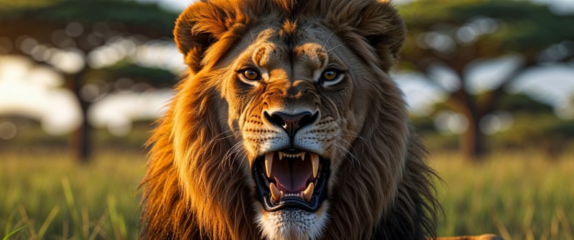 Roaring Lion Close Up Showing Teeth and Mane in Natural Setting photo
