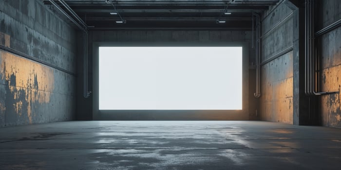 Empty Industrial Warehouse with Large Illuminated Screen on Concrete Wall photo