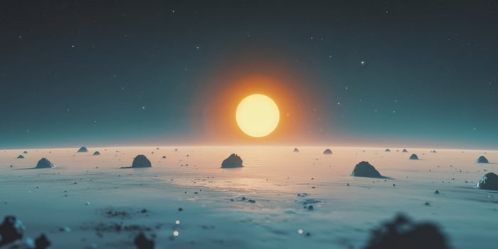 Planet earth and sun emerging from asteroid field in space photo