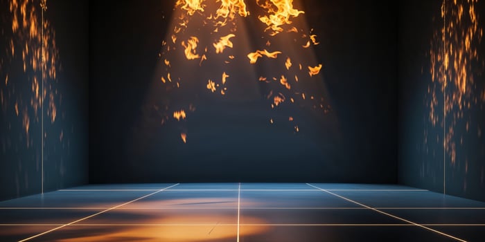 An empty room with a fire coming out of the wall photo