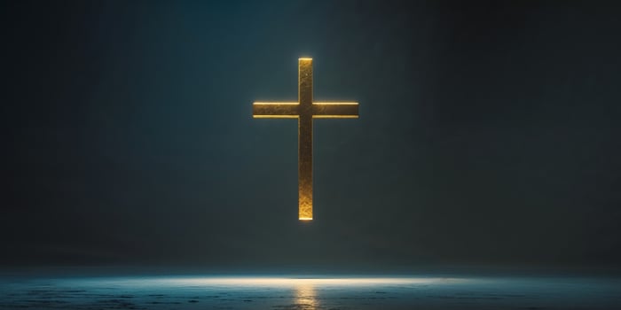 An illuminated golden cross shining in a dark and atmospheric space. photo