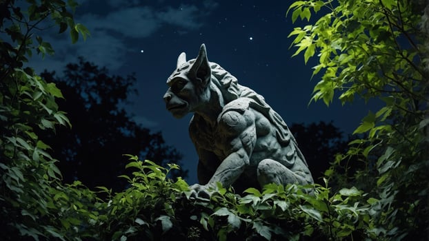 A stone gargoyle statue surrounded by lush greenery under a starry night sky. photo