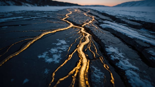 A striking landscape featuring glowing cracks in icy terrain at dusk. photo