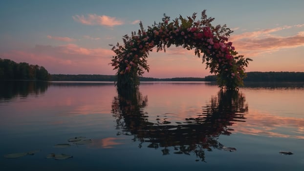 A floral arch reflected in a serene lake at sunset, creating a tranquil atmosphere. photo