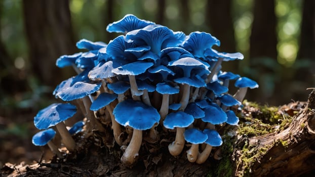 A cluster of vibrant blue mushrooms growing on a log in a forest setting. photo