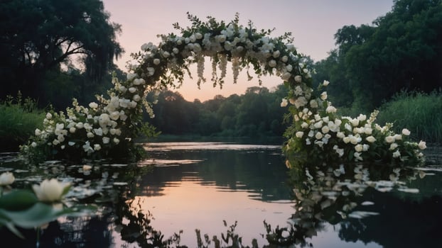 A floral arch over a serene lake at sunset, creating a romantic atmosphere. photo
