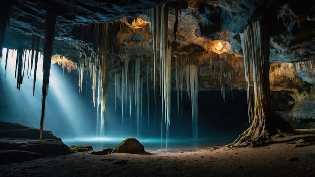 A serene cave interior with stalactites and a tranquil water pool illuminated by beams of light. photo