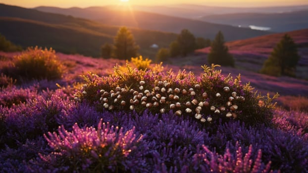A serene landscape of blooming purple heather with sunlight casting a warm glow. photo