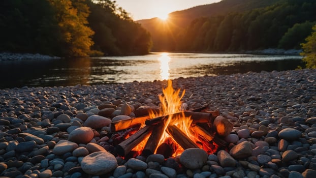 A serene campfire by a river at sunset, creating a warm and inviting atmosphere. photo