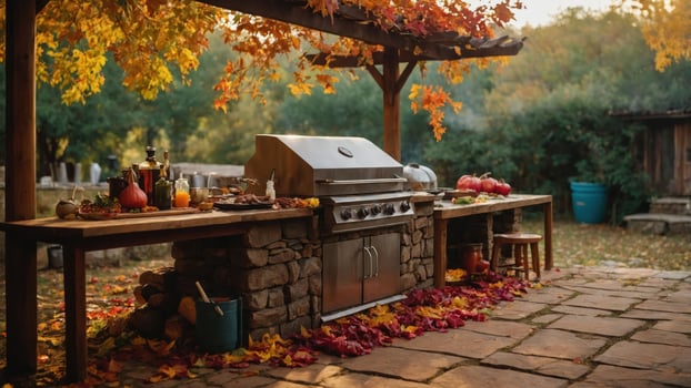 A cozy outdoor kitchen setup adorned with autumn leaves and seasonal produce. photo