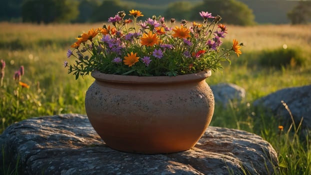 A clay pot filled with vibrant flowers sits on a stone in a serene, sunlit field. photo