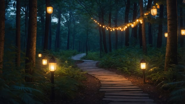 A serene forest path illuminated by lanterns and string lights, creating a magical atmosphere. photo