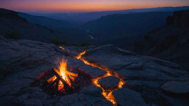A serene campfire glows against a twilight landscape, evoking warmth and tranquility. photo