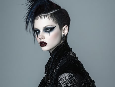 Striking portrait of a person with dramatic dark eye makeup, deep red lips, and edgy black hairstyle. They wear stylish black clothing with lace and unique earrings photo
