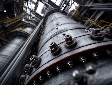 Industrial scene with towering metal structures, cylindrical shapes, bolts, and rivets. The perspective highlights the massive scale, with intricate details in the construction photo