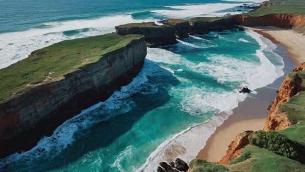 Aerial view of a coastal landscape with cliffs, waves, and sandy beach. photo
