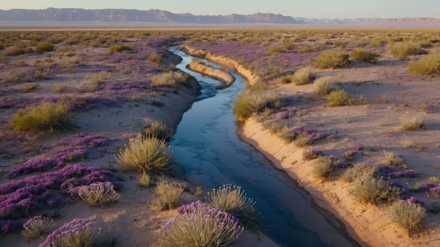 A serene landscape featuring a winding stream surrounded by vibrant purple flowers. photo